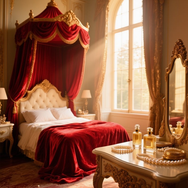 Lavish Bedroom Morning Light Canopy Bed Crimson Drapes Dressing Table