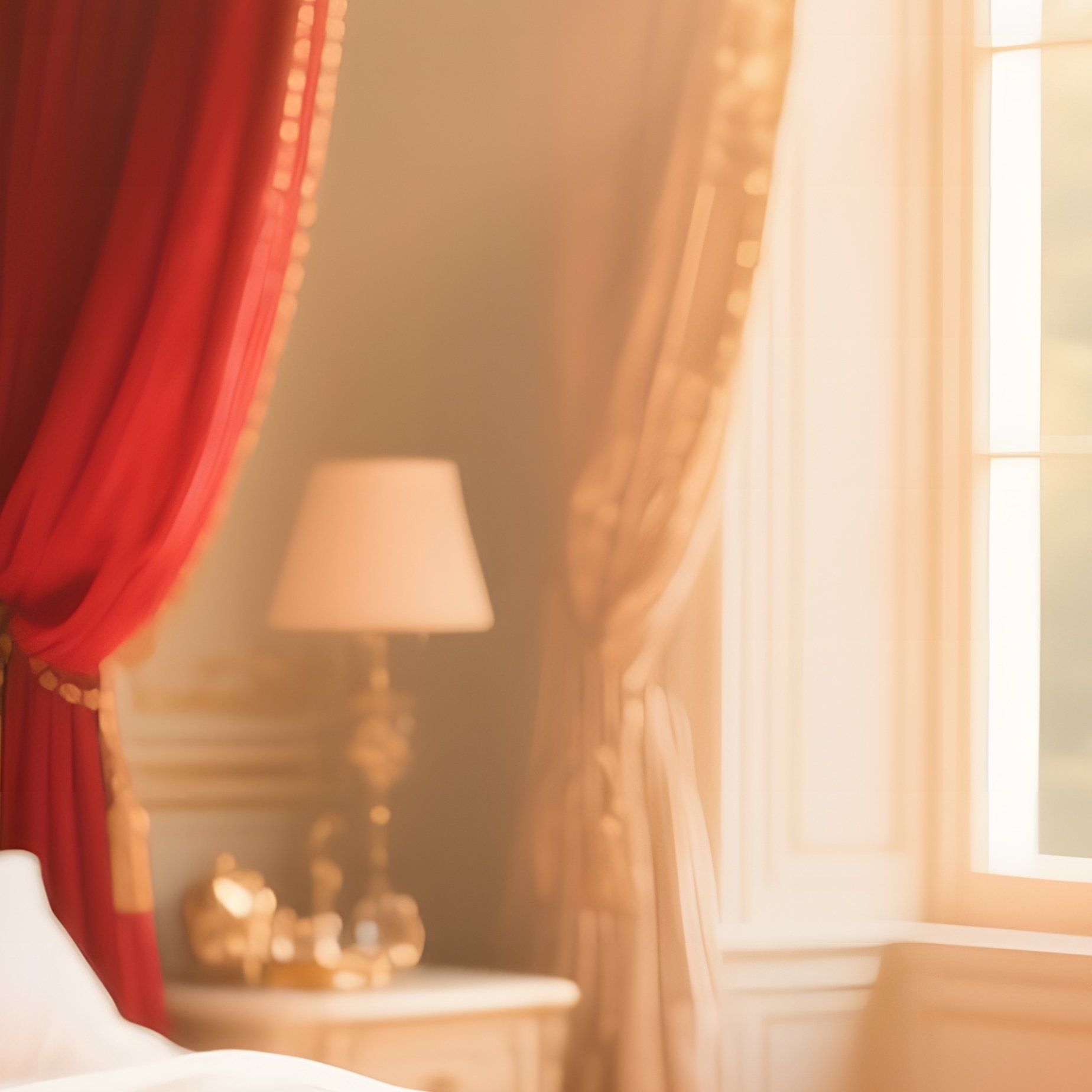 Lavish Bedroom Morning Light Canopy Bed Crimson Drapes Dressing Table - Full Resolution Quality Preview