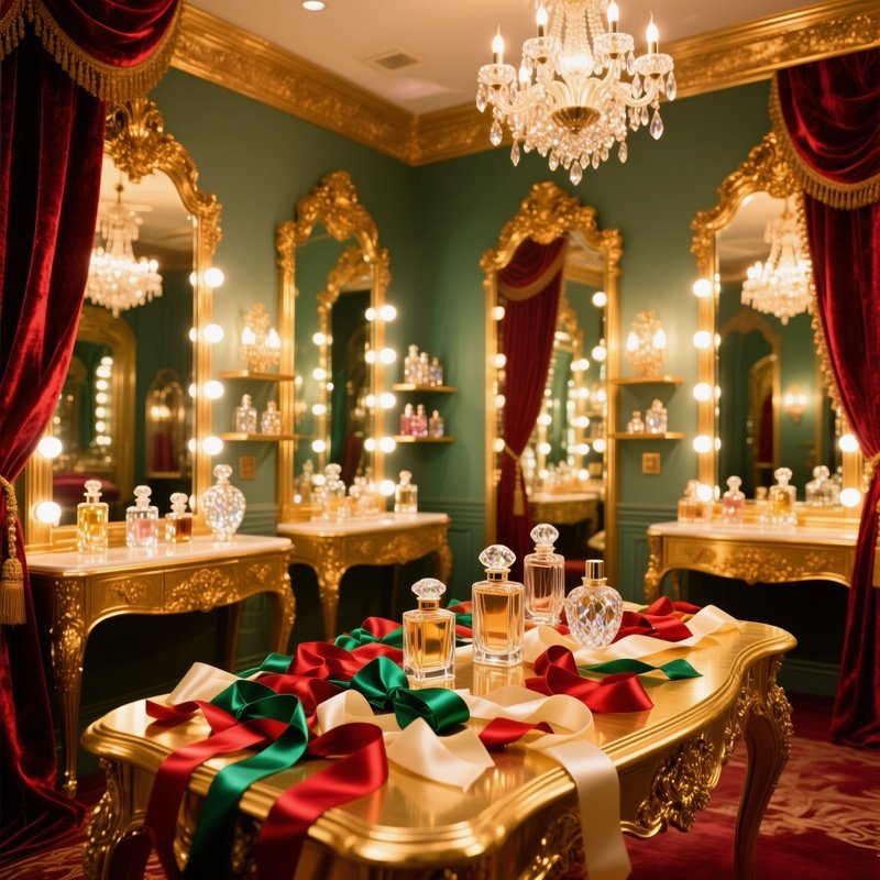 Lavish Dressing Room With Ornate Mirrors Crystal Perfume Bottles Golden Vanity Table