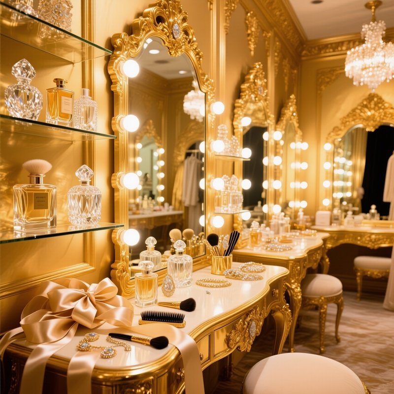 Lavish Dressing Room With Ornate Mirrors Crystal Perfume Bottles Golden Vanity Table