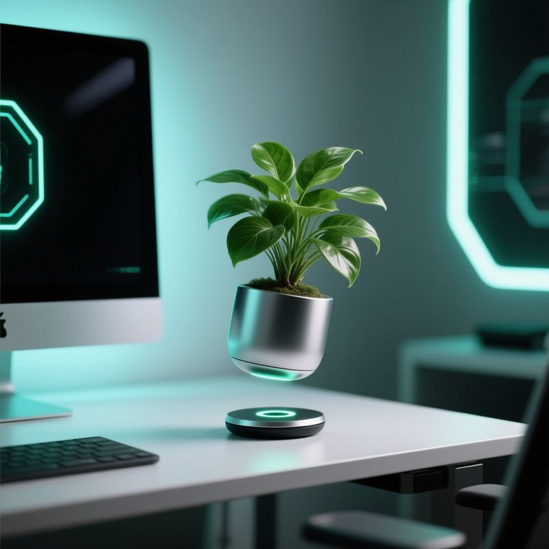 Levitating Plant Pot Magnetic Base Floating Near Monitor