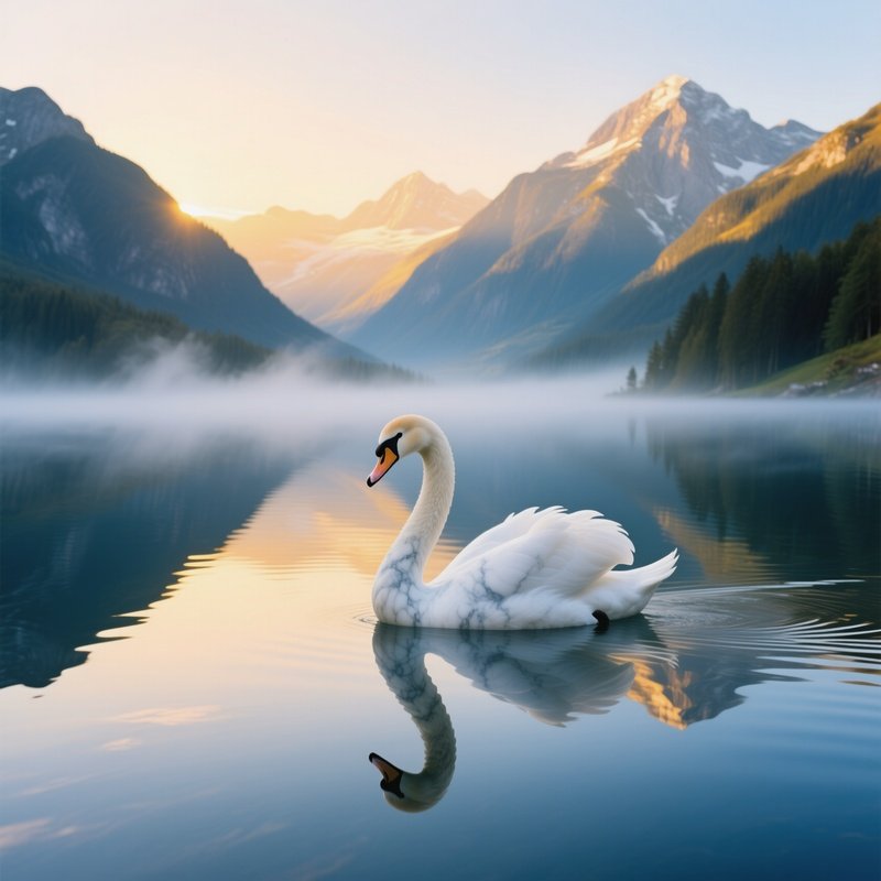Life Size Marble Swan Gliding Alpine Lake Sunrise