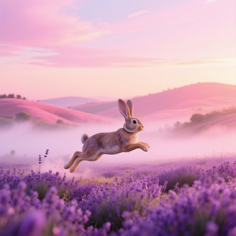 Life Size Resin Rabbit Hopping Lavender Field Pastel Sunrise