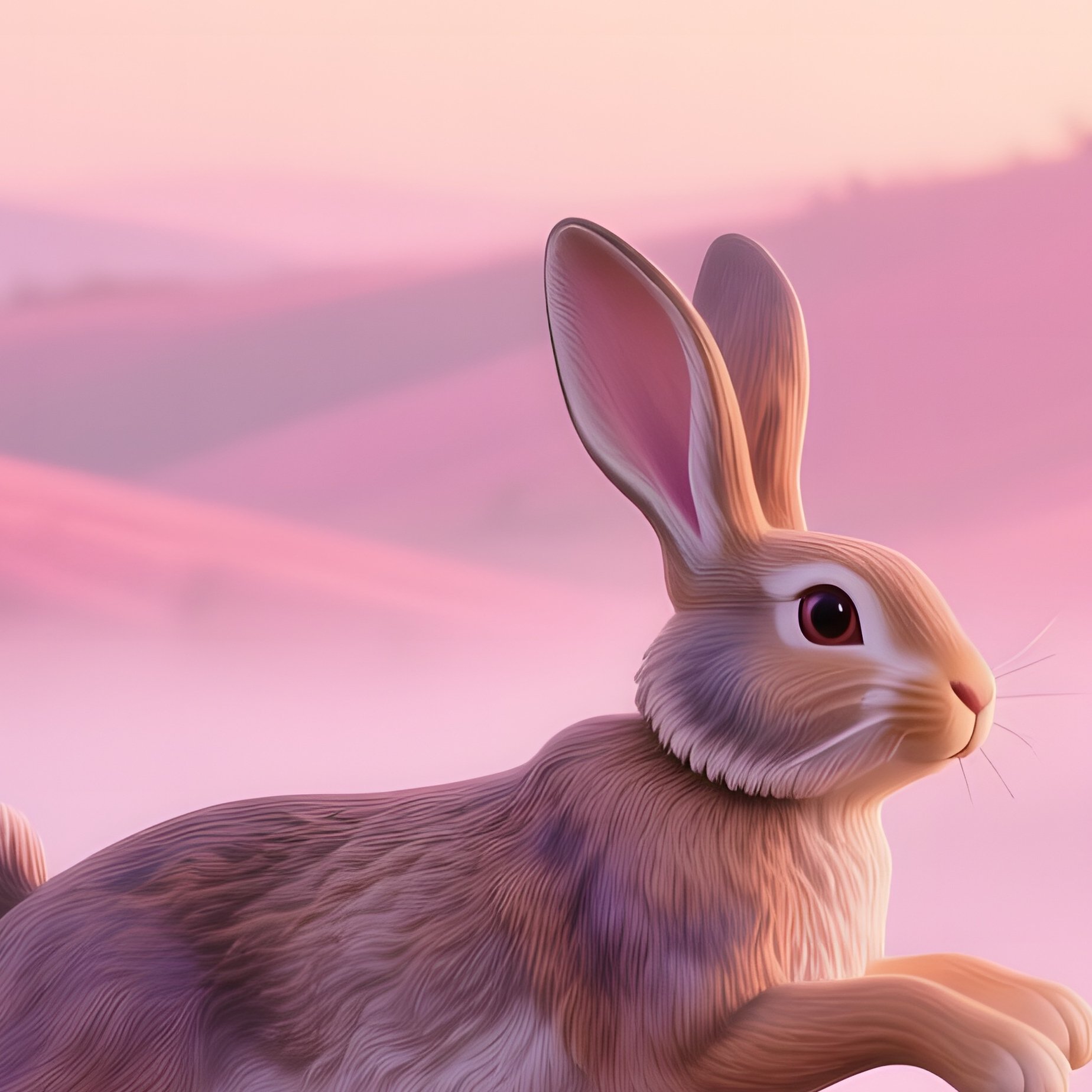 Life Size Resin Rabbit Hopping Lavender Field Pastel Sunrise - Full Resolution Quality Preview