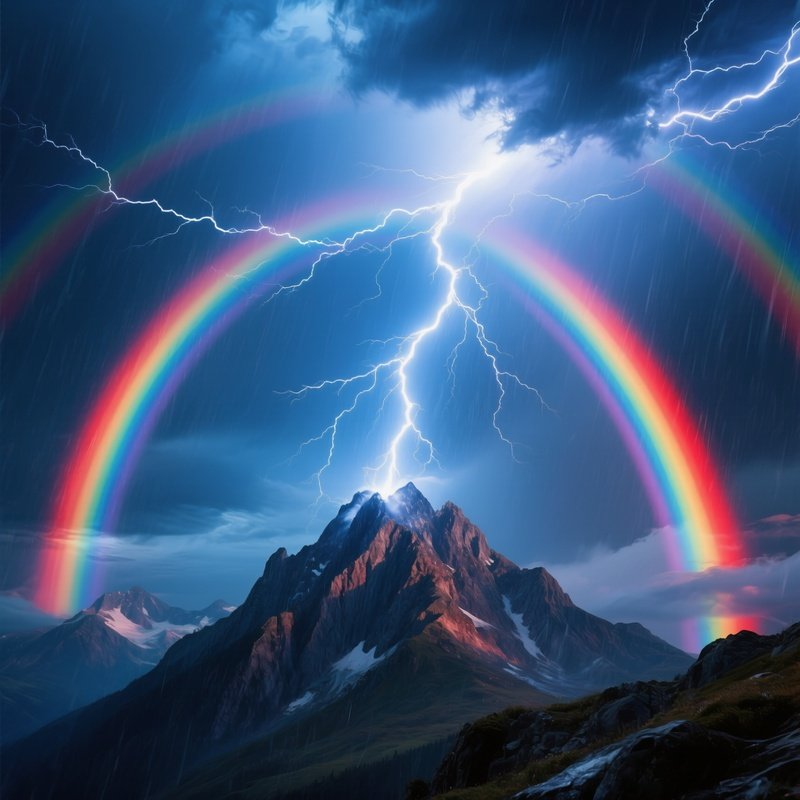 Lightning Strike On Mountain Under Double Rainbow