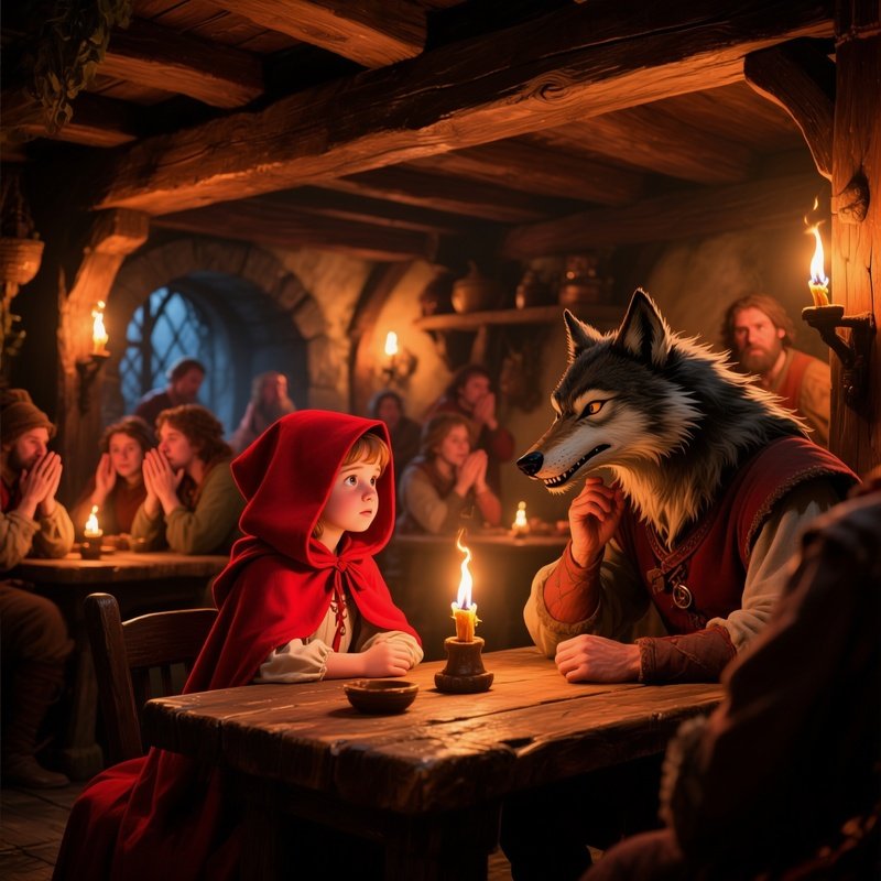 Little Red Riding Hood And Disguised Wolf In Medieval Tavern