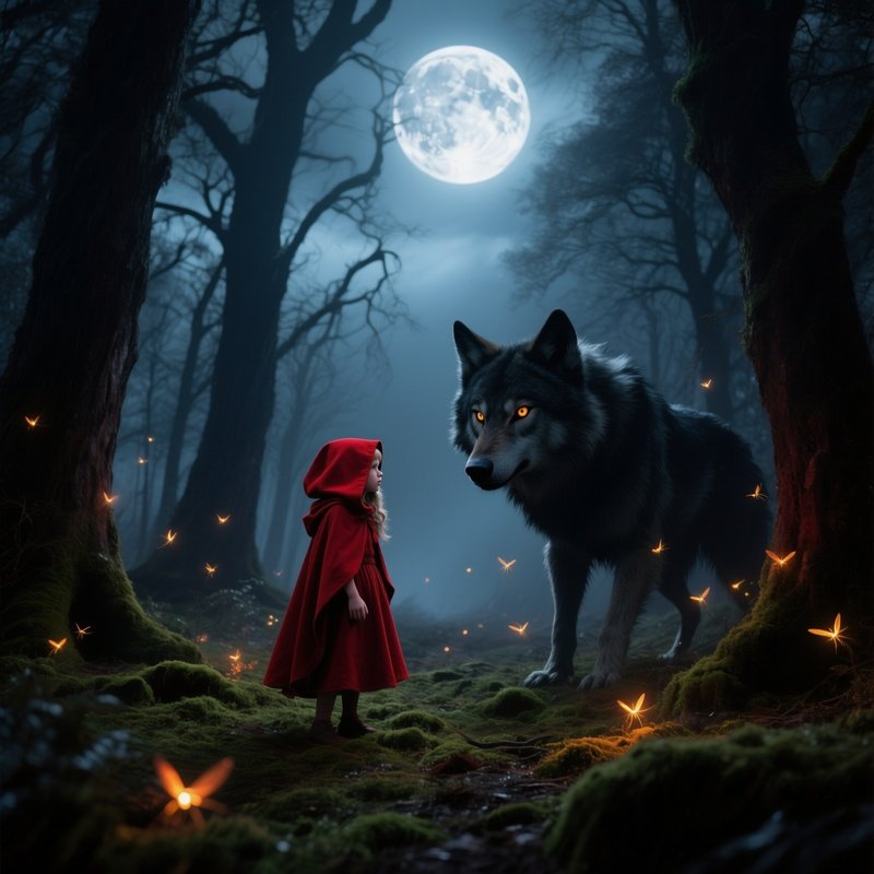Little Red Riding Hood Confronts Wolf Full Moon Forest
