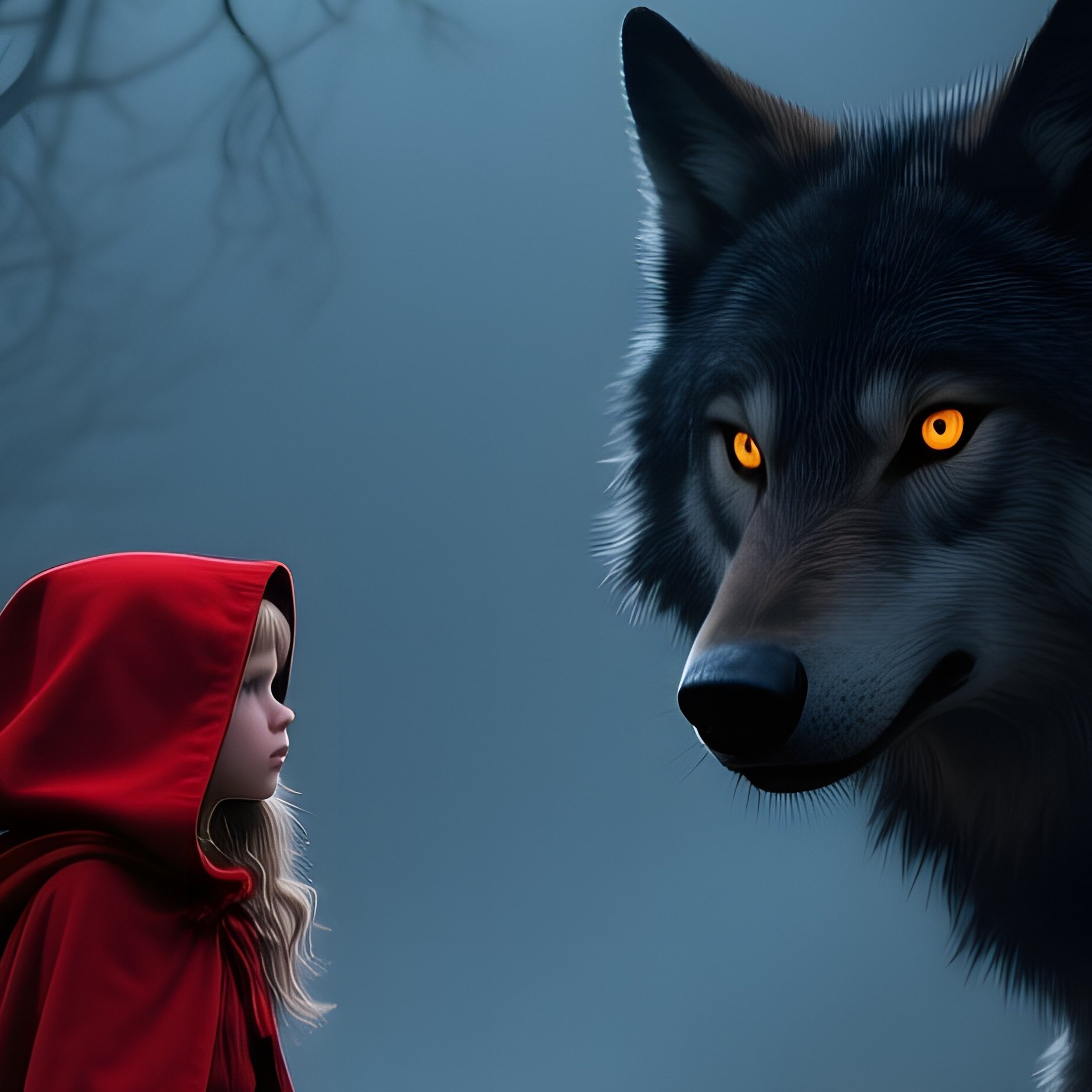 Little Red Riding Hood Confronts Wolf Full Moon Forest - Full Resolution Quality Preview
