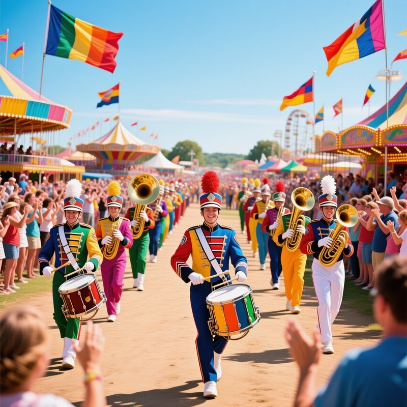 Lively Parade Marching Bands Through Fairground