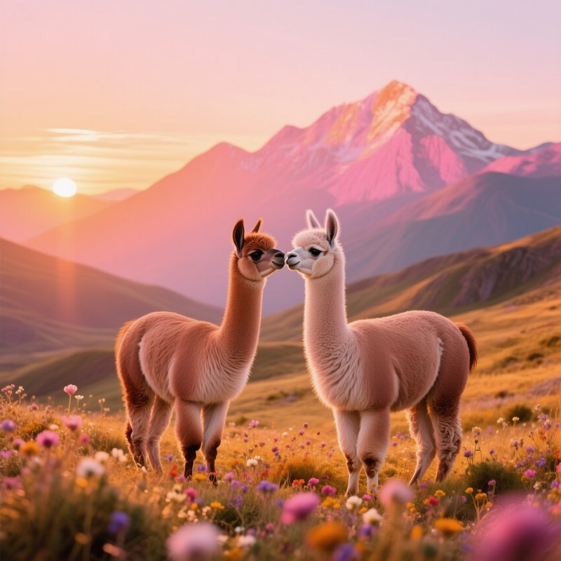 Llama Alpaca Nose Kiss Sunset Plateau