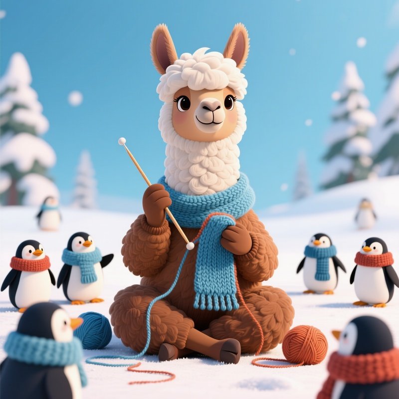 Llama Knitting Scarves For Penguins