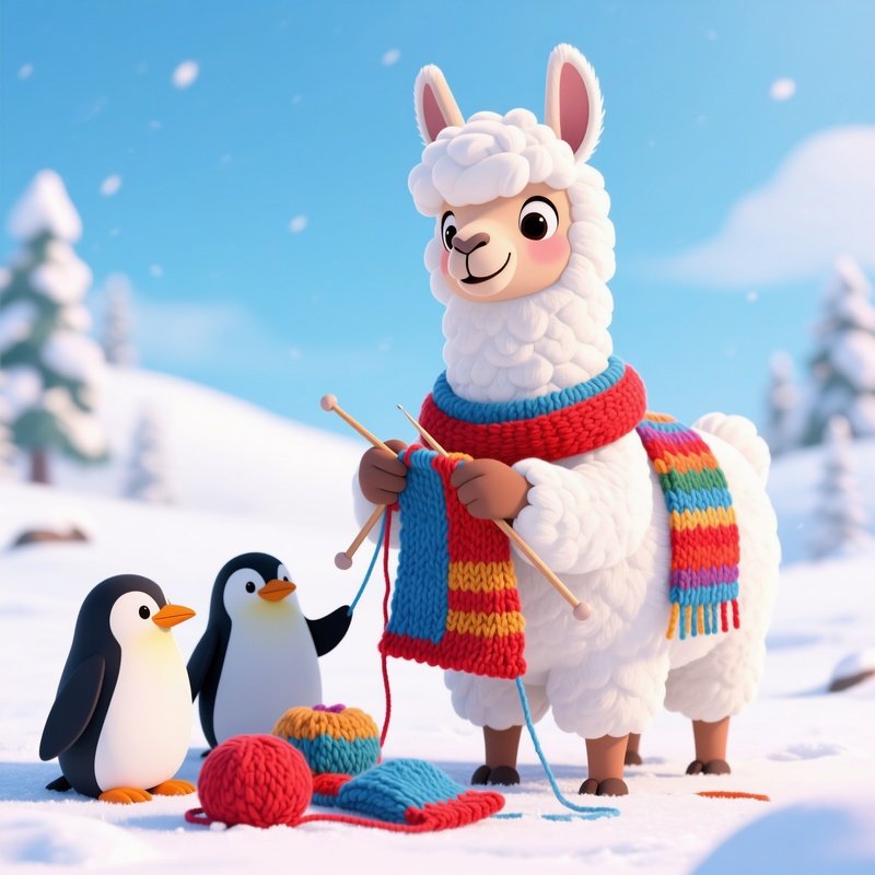 Llama Knitting Scarves For Penguins