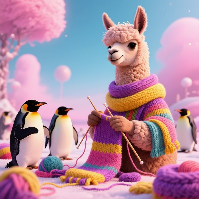 Llama Knitting Scarves For Penguins Digital Art