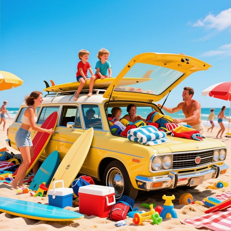 Loading Up A Family Packing All Their Beach Gear Boards And Kids Into An Overflowing Vintage Station Wagon
