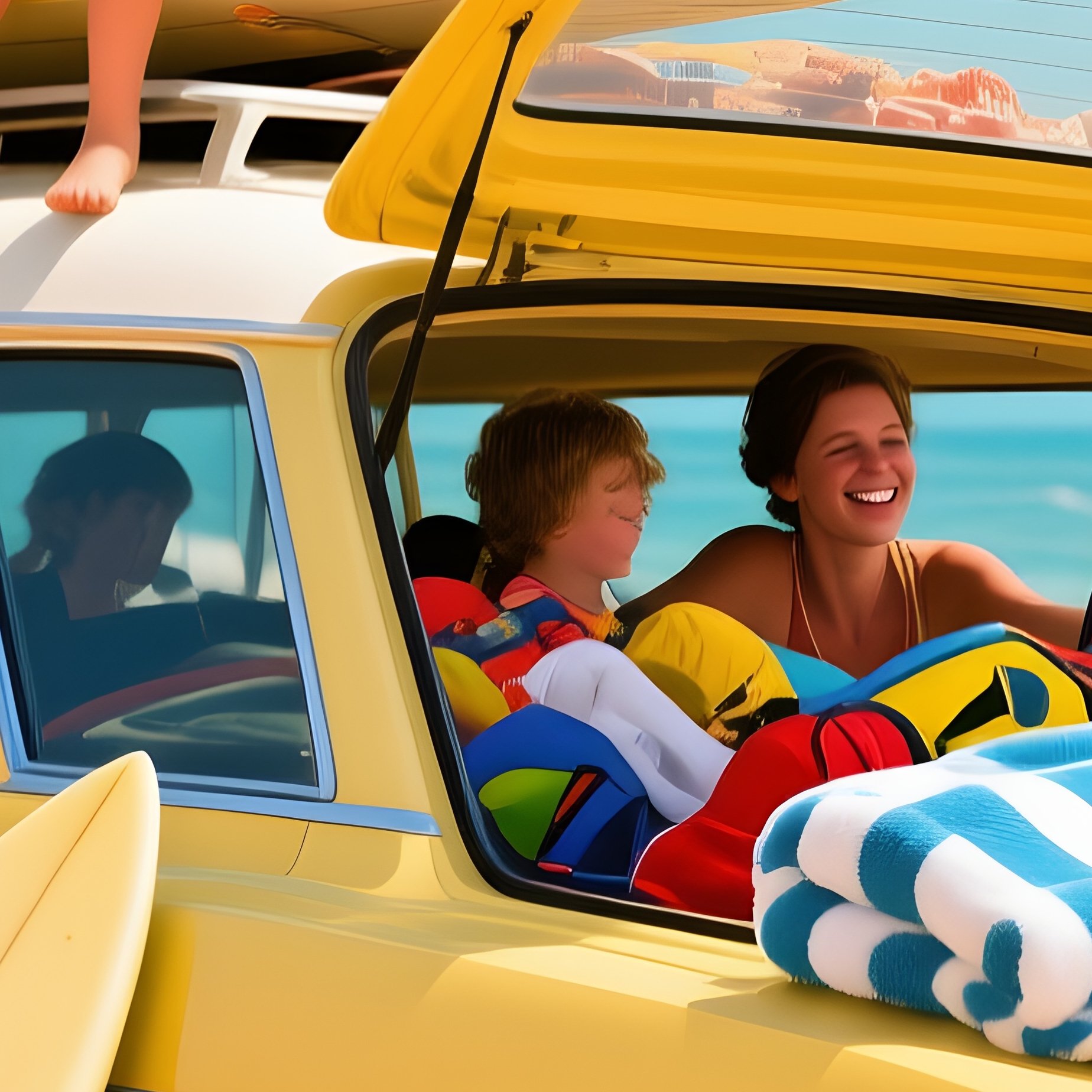 Loading Up A Family Packing All Their Beach Gear Boards And Kids Into An Overflowing Vintage Station Wagon - Full Resolution Quality Preview