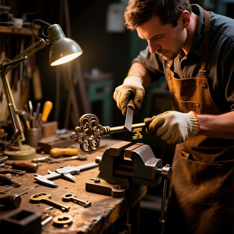 Locksmith Filing Complicated Bit For Large Iron Key