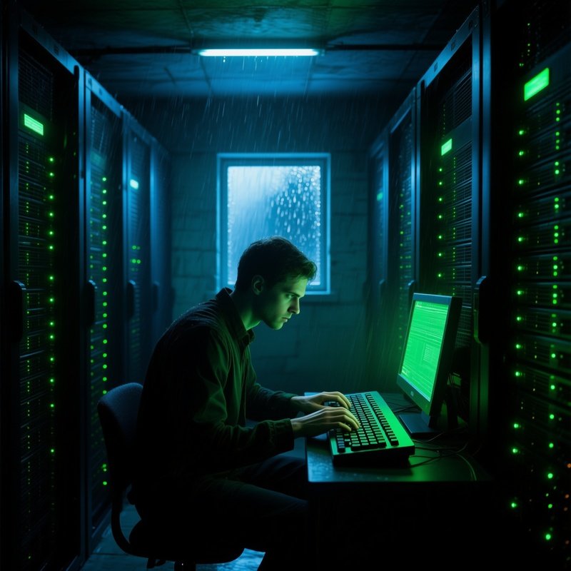 Lone Figure In Basement With Server Racks