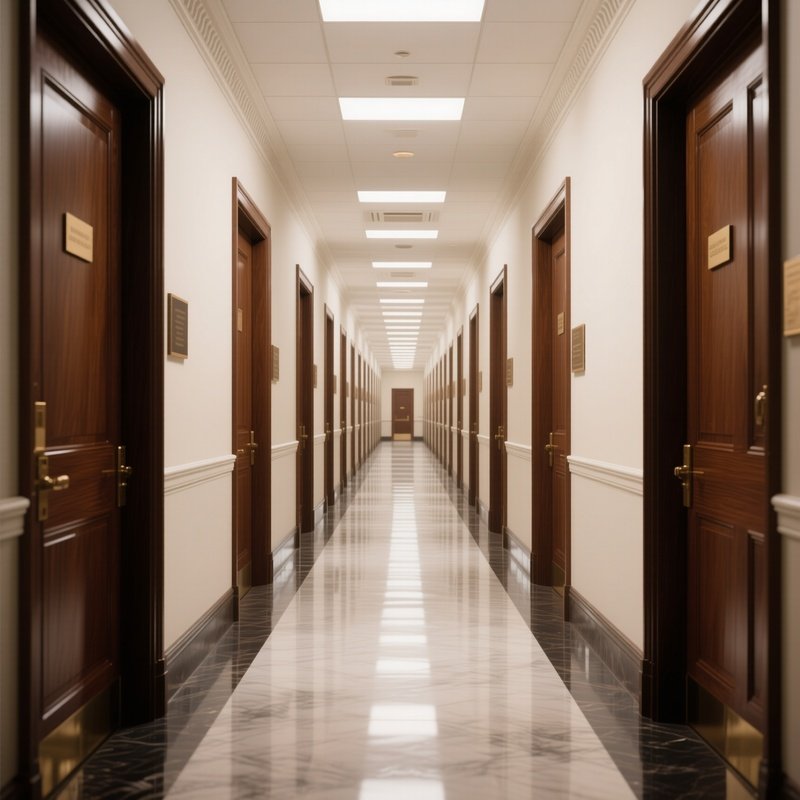 Long Hallway: An Endless, Symmetrical Corridor In A Government Building With Polished Floors And Rows Of Identical Closed Wooden Doors.