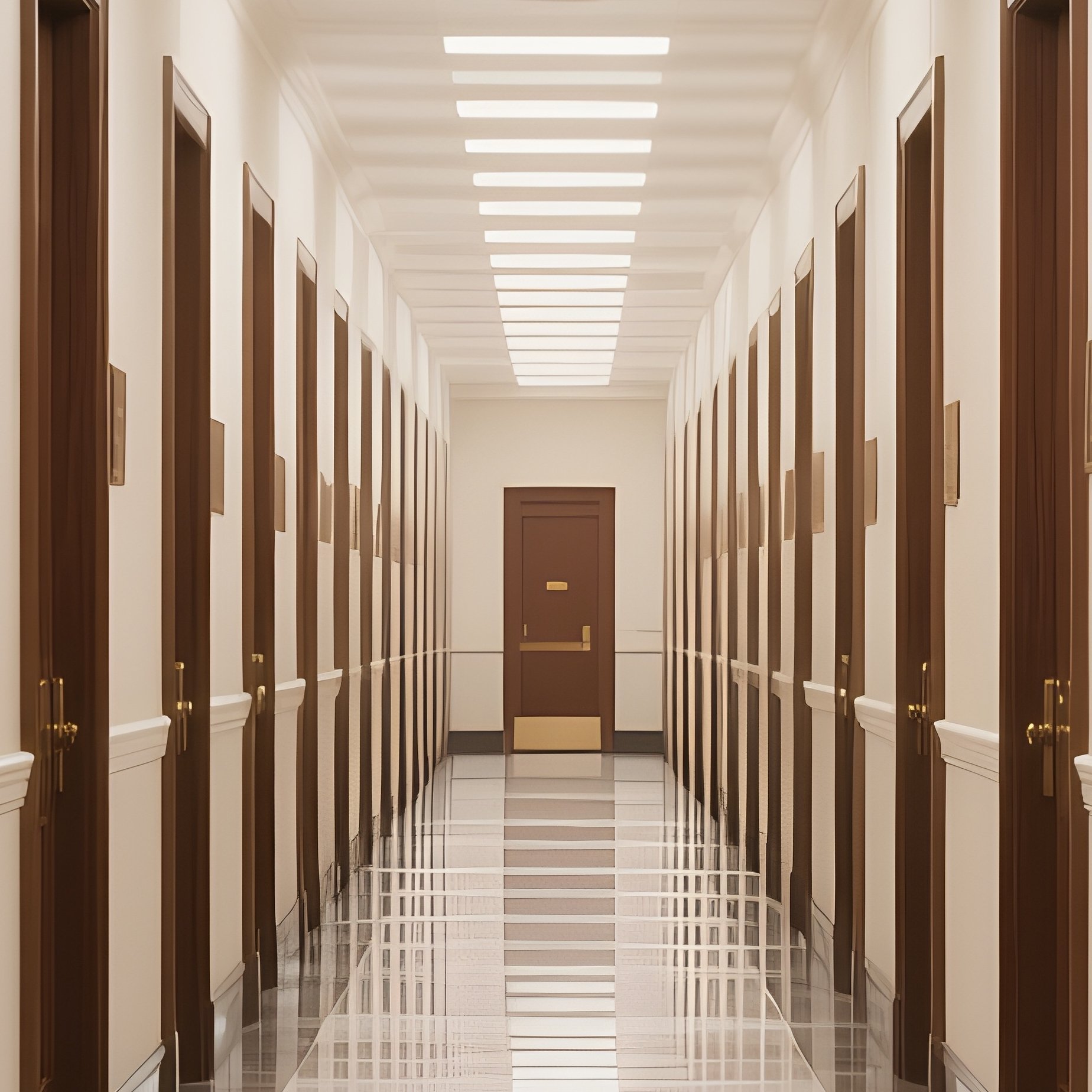 Long Hallway: An Endless, Symmetrical Corridor In A Government Building With Polished Floors And Rows Of Identical Closed Wooden Doors. - Full Resolution Quality Preview