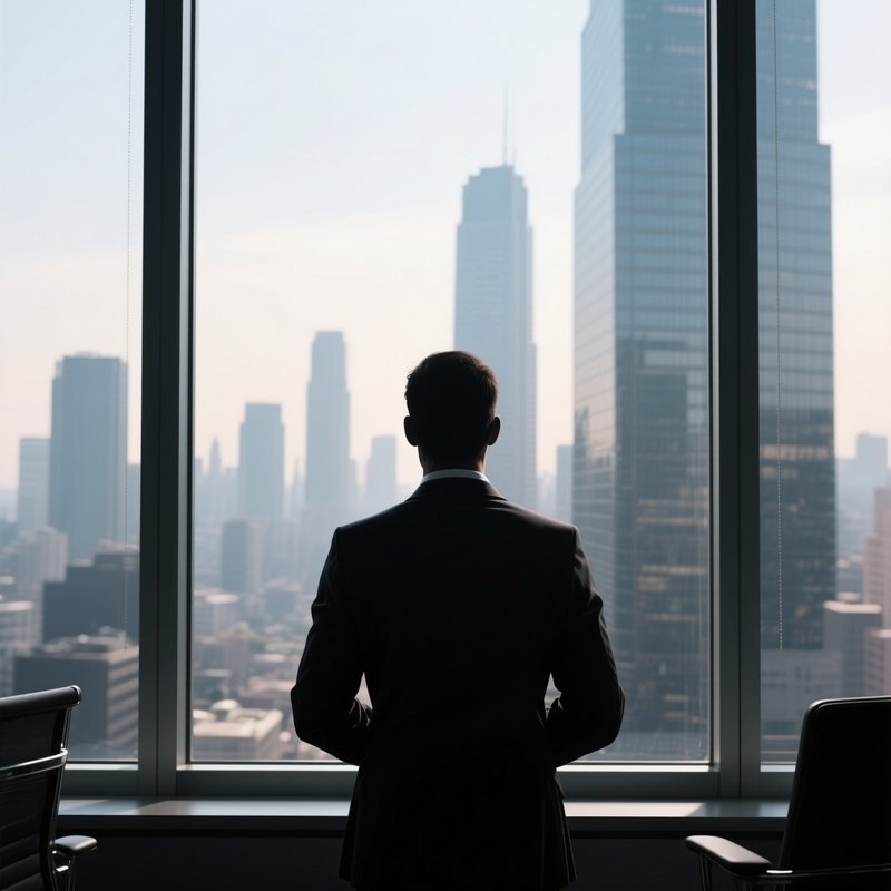 Looking Out Window: A Solitary Silhouette Of An Office Worker Staring Out A High Rise Window At The City Skyline During A Thoughtful Break.