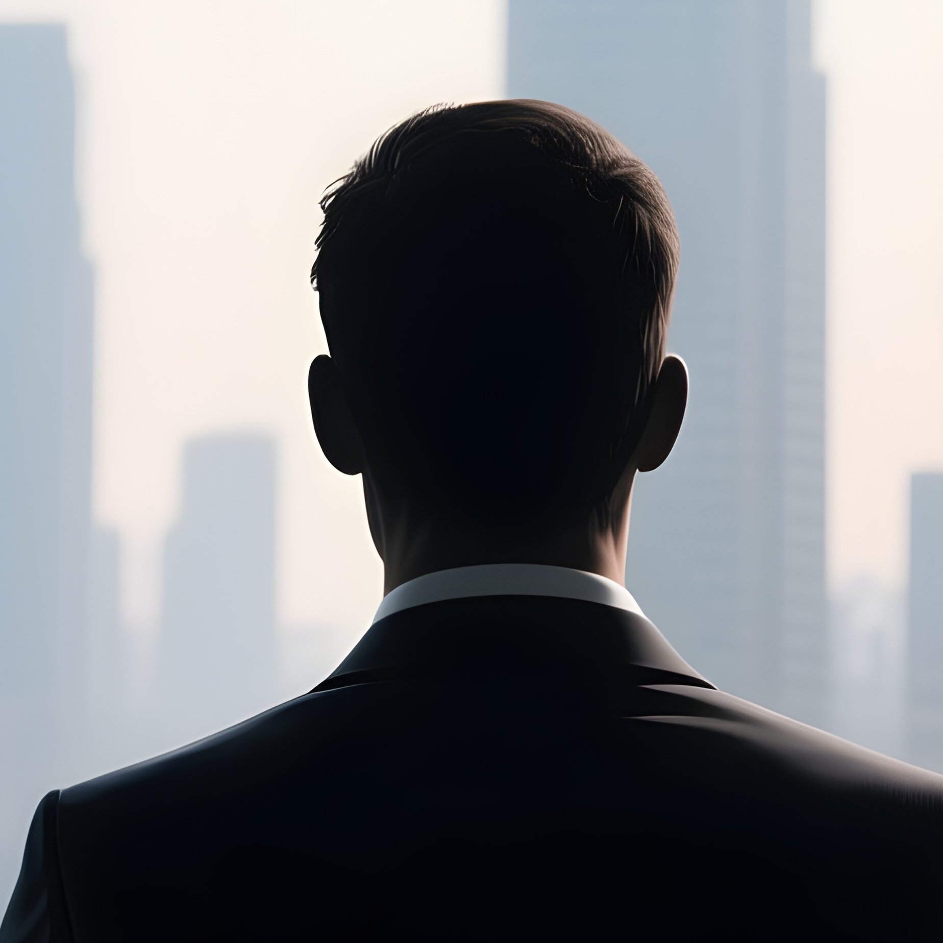 Looking Out Window: A Solitary Silhouette Of An Office Worker Staring Out A High Rise Window At The City Skyline During A Thoughtful Break. - Full Resolution Quality Preview