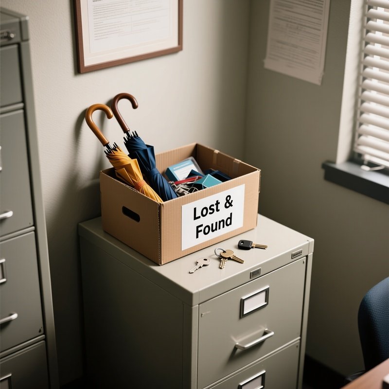 Lost And Found: A Small Administrative Corner Showing A Box Of "Lost & Found" Items, Including Umbrellas And Keys, Sitting On A Filing Cabinet.