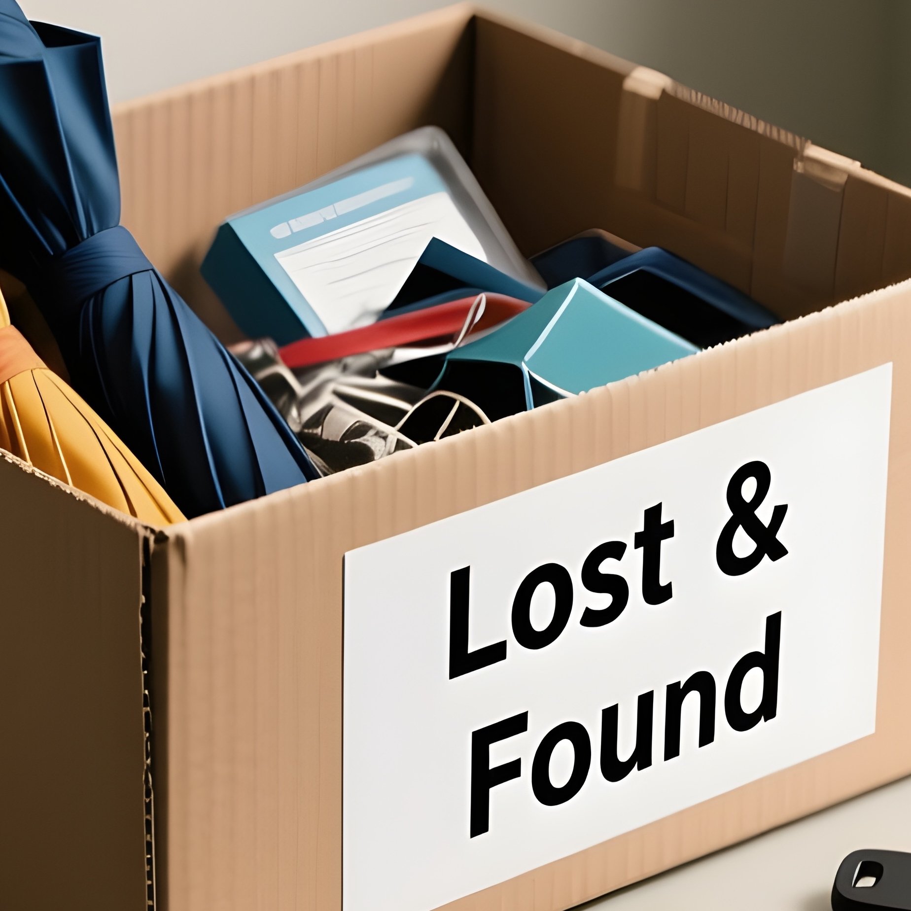 Lost And Found: A Small Administrative Corner Showing A Box Of "Lost & Found" Items, Including Umbrellas And Keys, Sitting On A Filing Cabinet. - Full Resolution Quality Preview