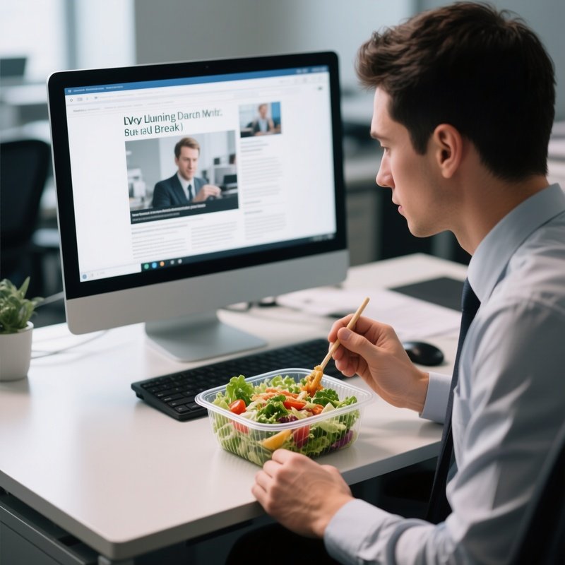 Lunch At Desk: A Worker Eating A Salad From A Plastic Container While Scrolling Through News On Their Computer Screen During Lunch Break.