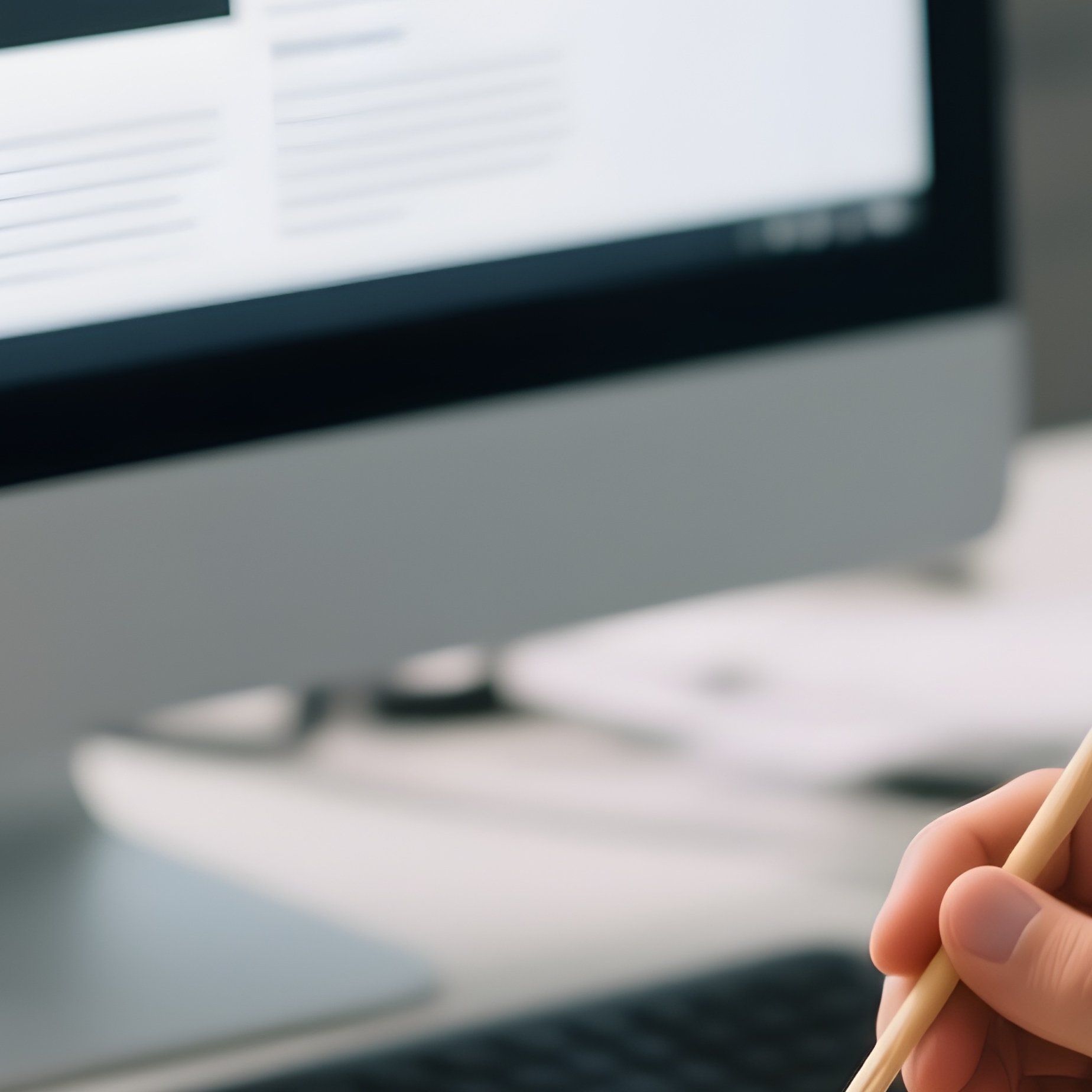 Lunch At Desk: A Worker Eating A Salad From A Plastic Container While Scrolling Through News On Their Computer Screen During Lunch Break. - Full Resolution Quality Preview