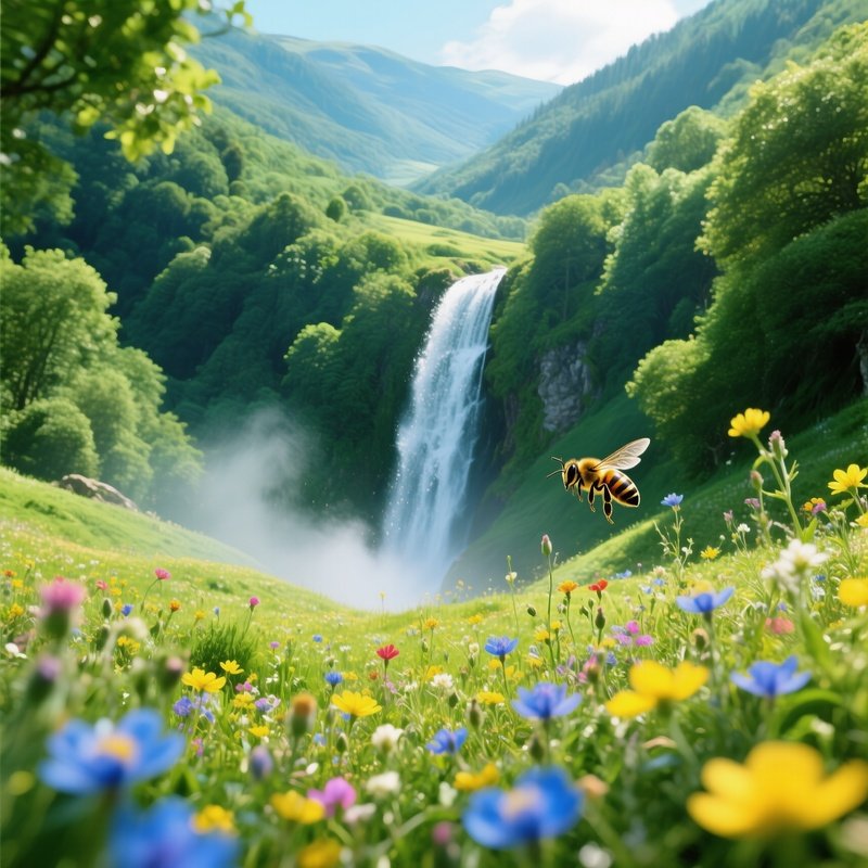 Lush Green Valley Waterfall Wildflowers Bees