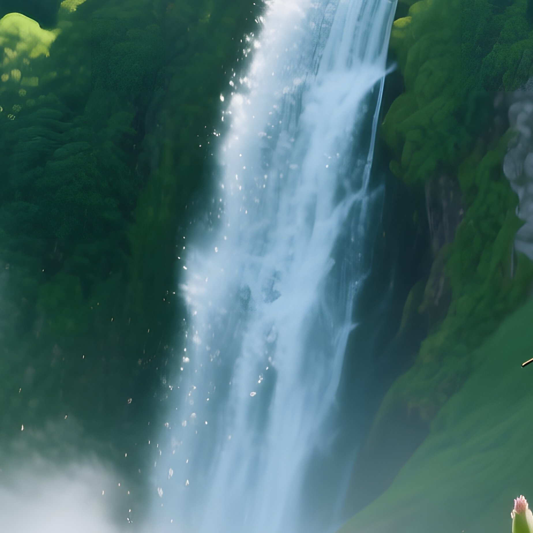 Lush Green Valley Waterfall Wildflowers Bees - Full Resolution Quality Preview