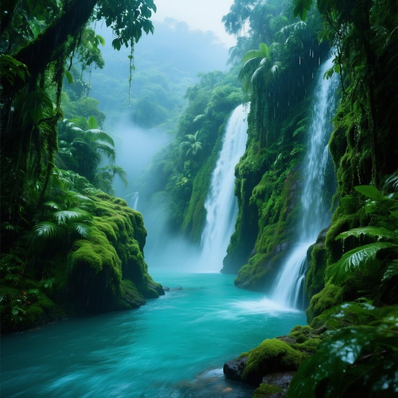 Lush River Valley Monsoon Season Waterfalls Cliffs Jungle Mist