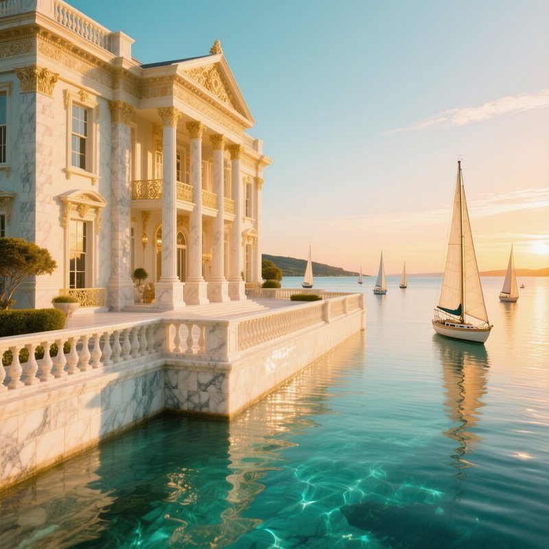 Luxurious Seaside Mansion Polished Marble Balcony Sailboats Golden Hour