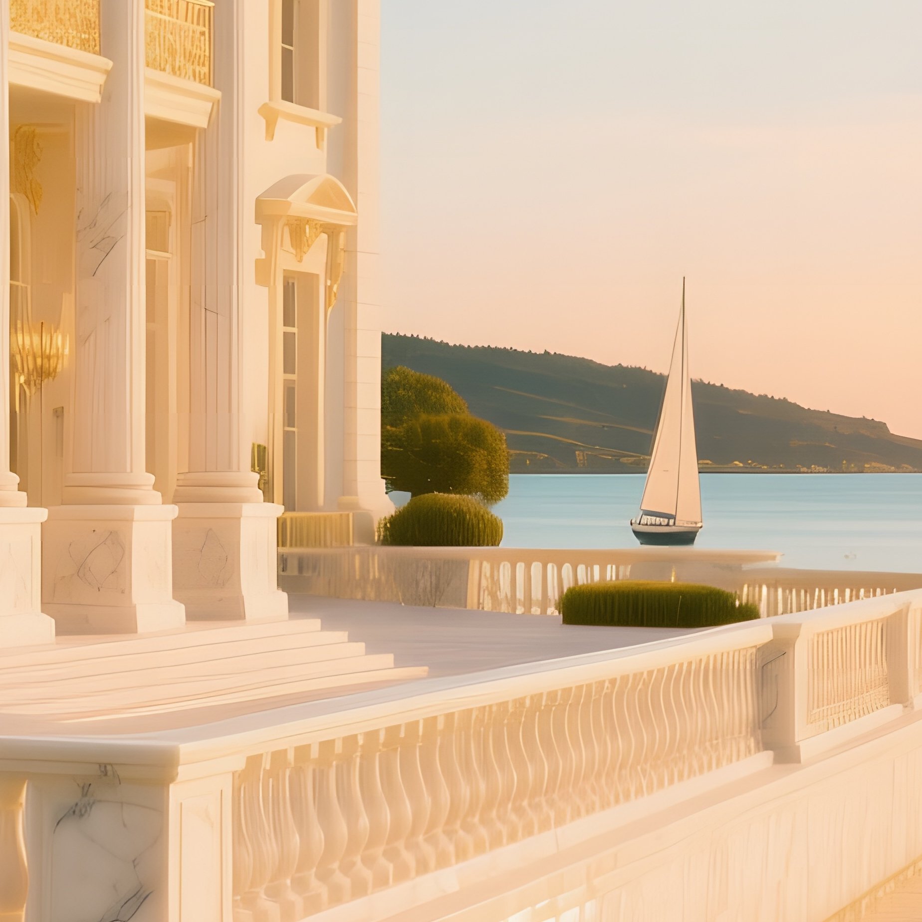 Luxurious Seaside Mansion Polished Marble Balcony Sailboats Golden Hour - Full Resolution Quality Preview