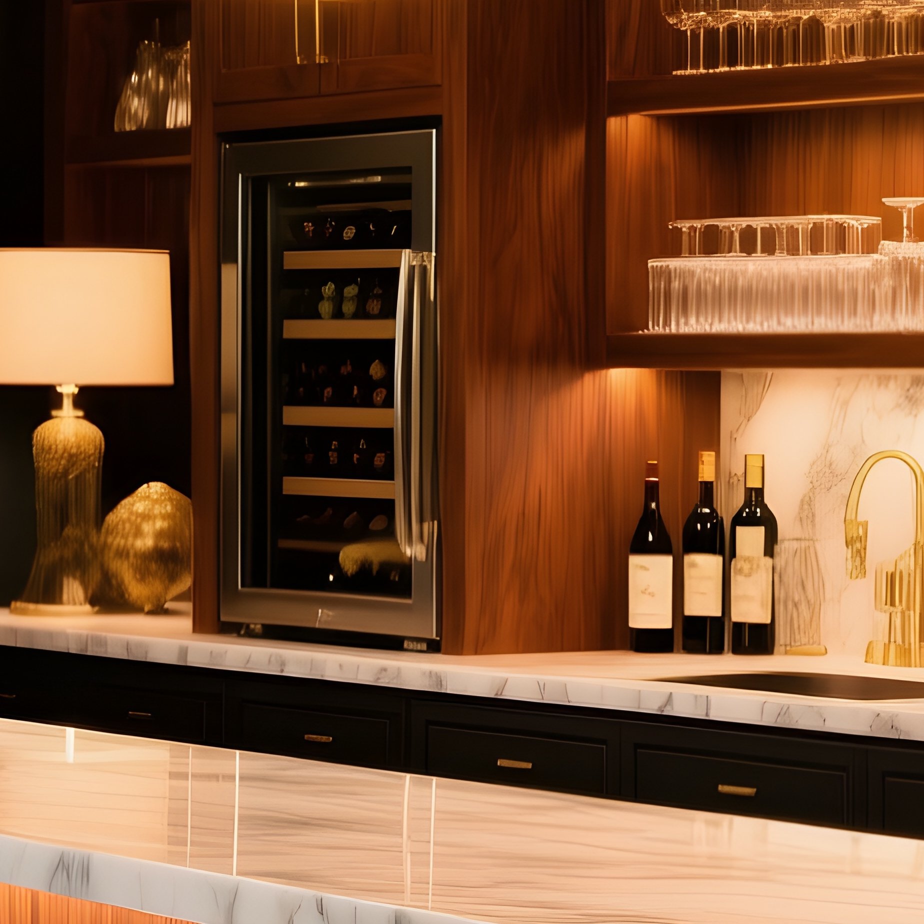 Luxury Home Bar Area Solid Wood Bar Cabinet Leather Bar Stools Warm Accent Lighting - Full Resolution Quality Preview