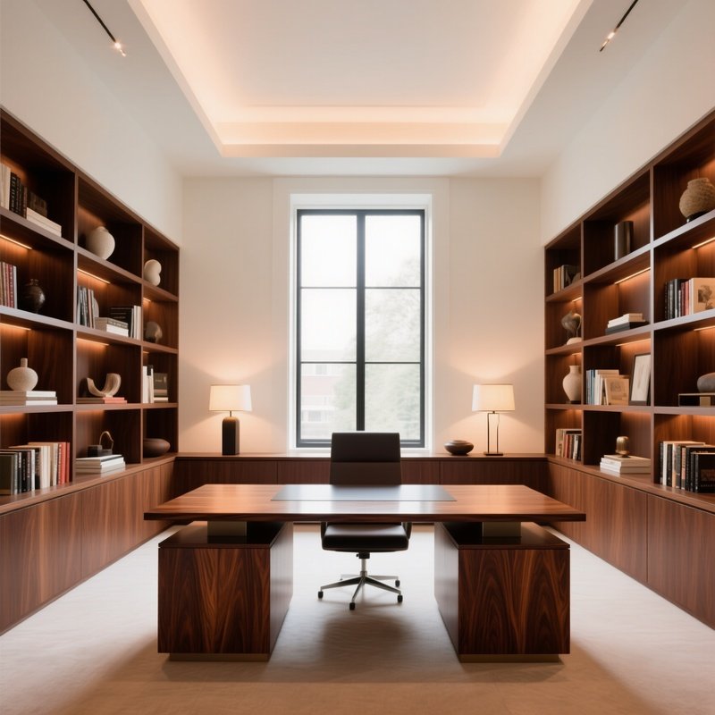 Luxury Home Office With Built In Shelving And Solid Wood Desk