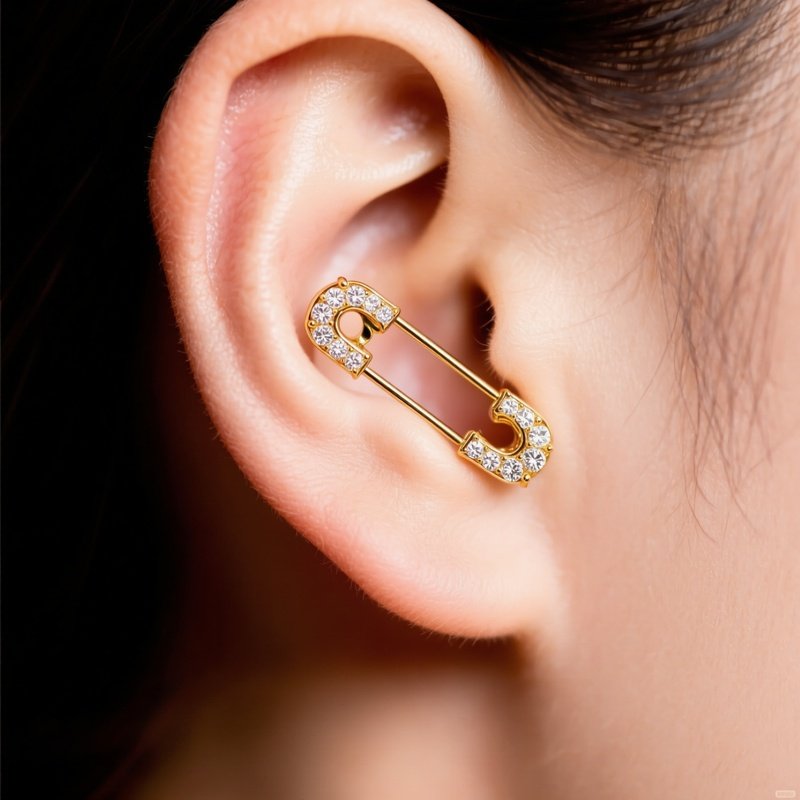 Luxury Safety Pin Earring Gold Diamonds In Ear