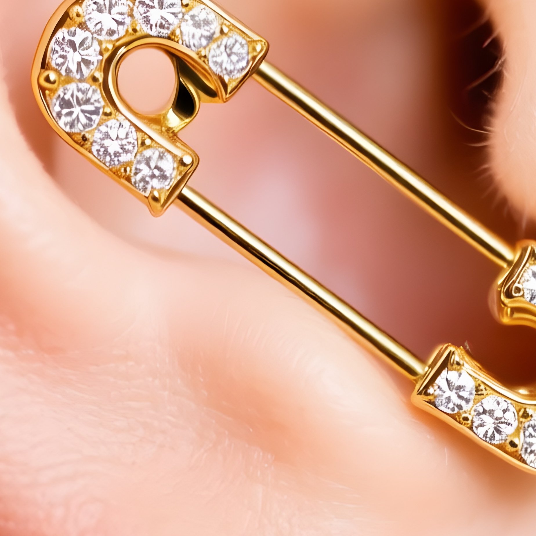 Luxury Safety Pin Earring Gold Diamonds In Ear - Full Resolution Quality Preview