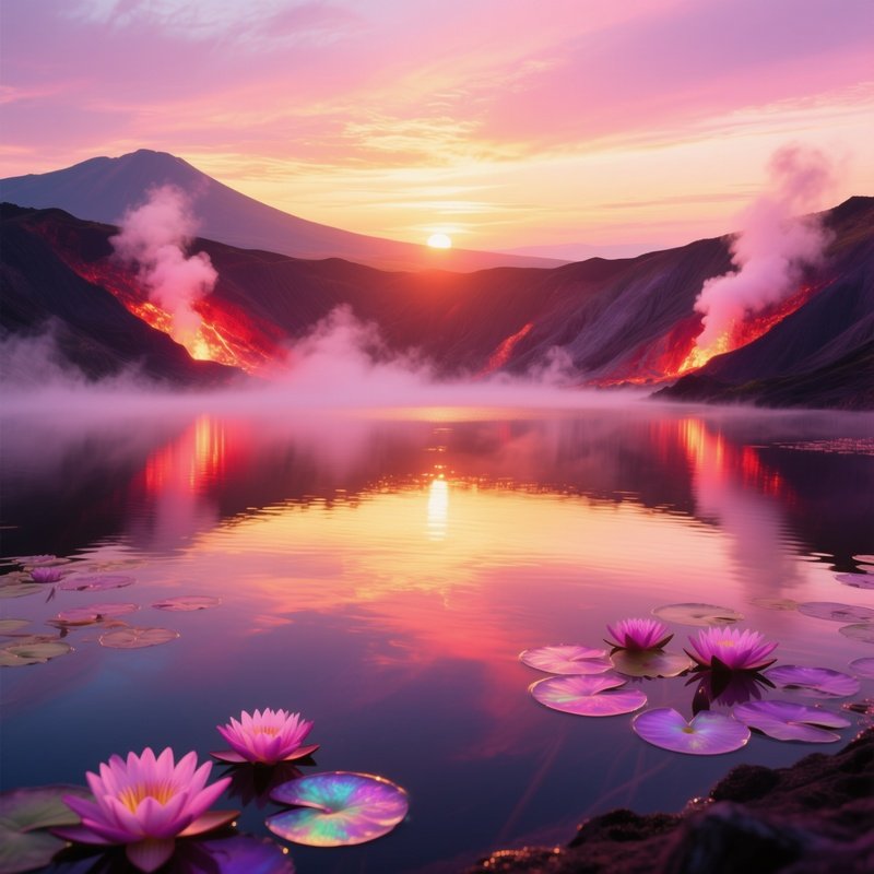 Magical Sunrise Over Volcanic Crater Lake