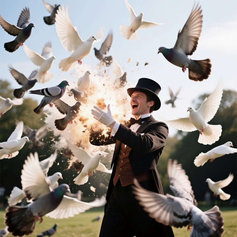 Magician Assistant Revealing Doves In Flight