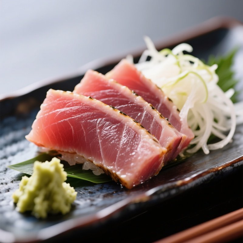 Maguro Sashimi Featuring Thick Slices Of Raw Bluefin Tuna Served With Wasabi And Shredded Daikon Radish