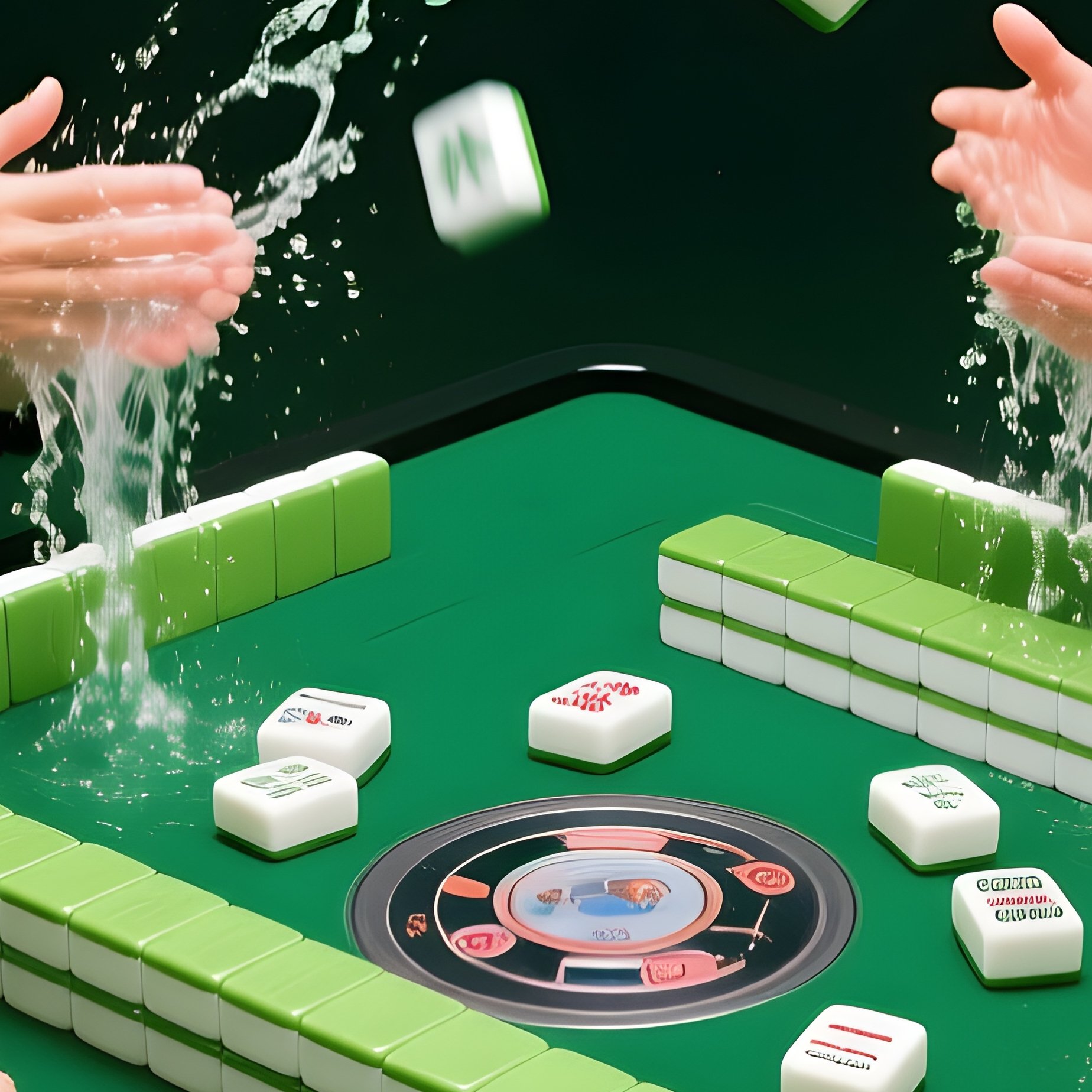 Mahjong Green Table Four Players Washing Tiles - Full Resolution Quality Preview