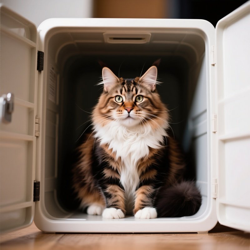 Maine Coon Cat Sitting In Too Small Container