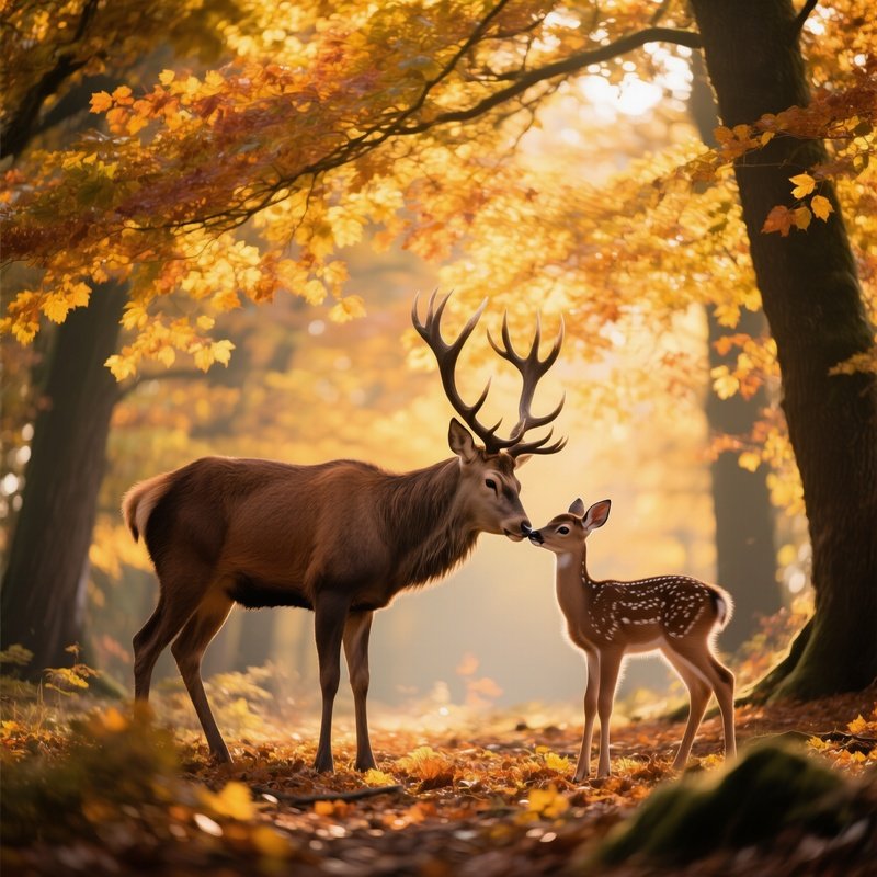 Majestic Stag And Fawn Kiss Under Autumn Leaves