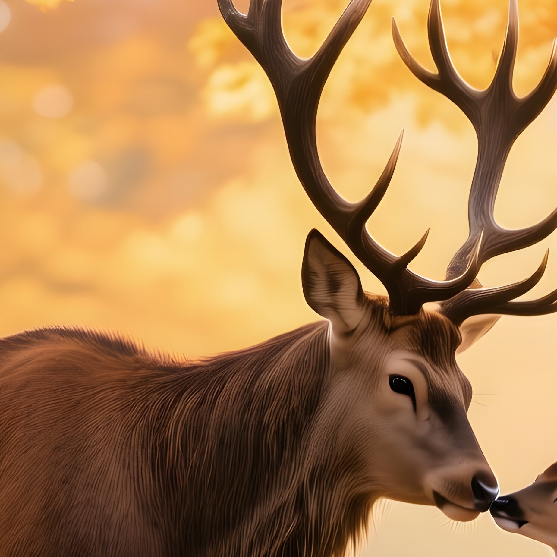 Majestic Stag And Fawn Kiss Under Autumn Leaves - Full Resolution Quality Preview