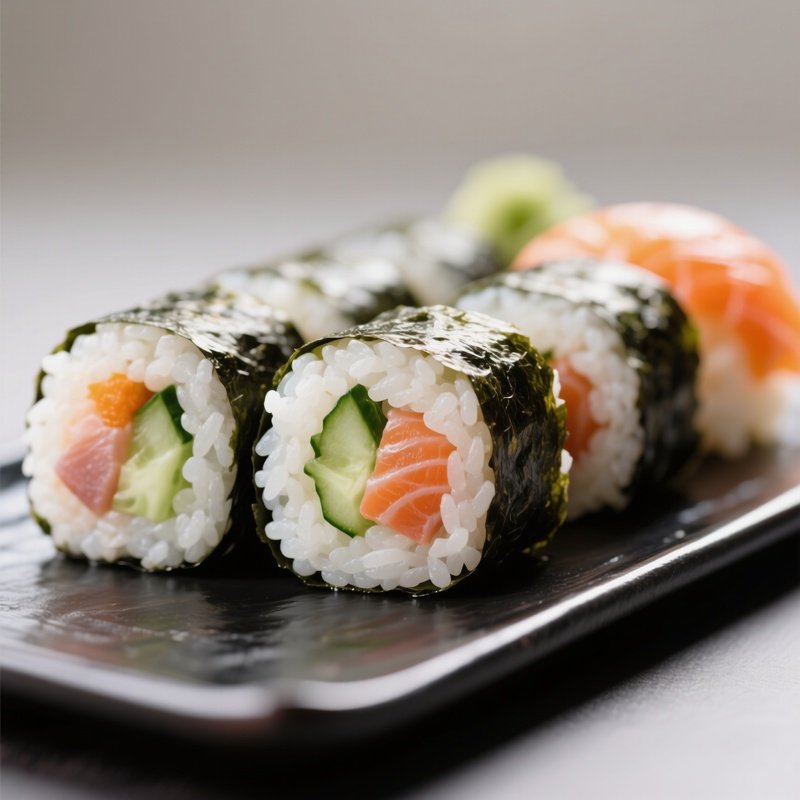 Maki Sushi Rolls Filled With Vinegared Rice, Nori Seaweed, Cucumber, And Fresh Fish