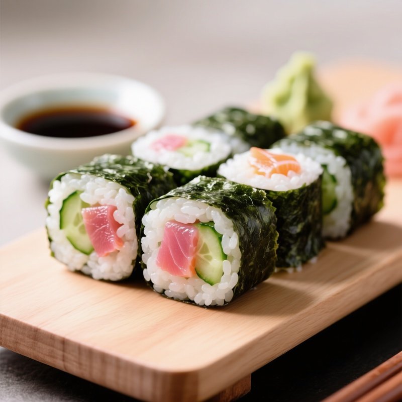 Maki Sushi Rolls Filled With Vinegared Rice Nori Cucumber Fresh Fish