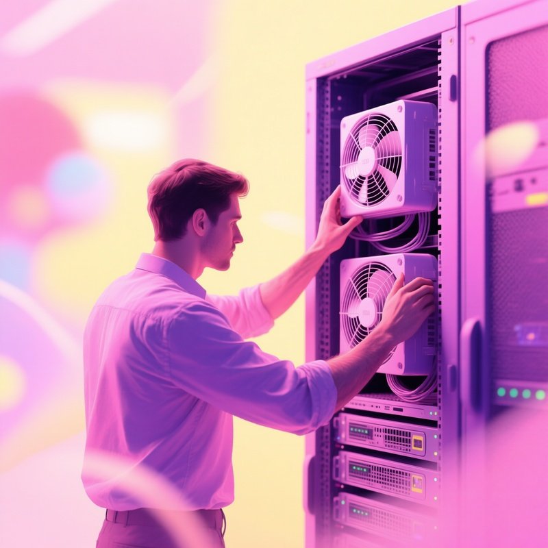 Man Adjusting Cooling Fans In Server Unit Abstract