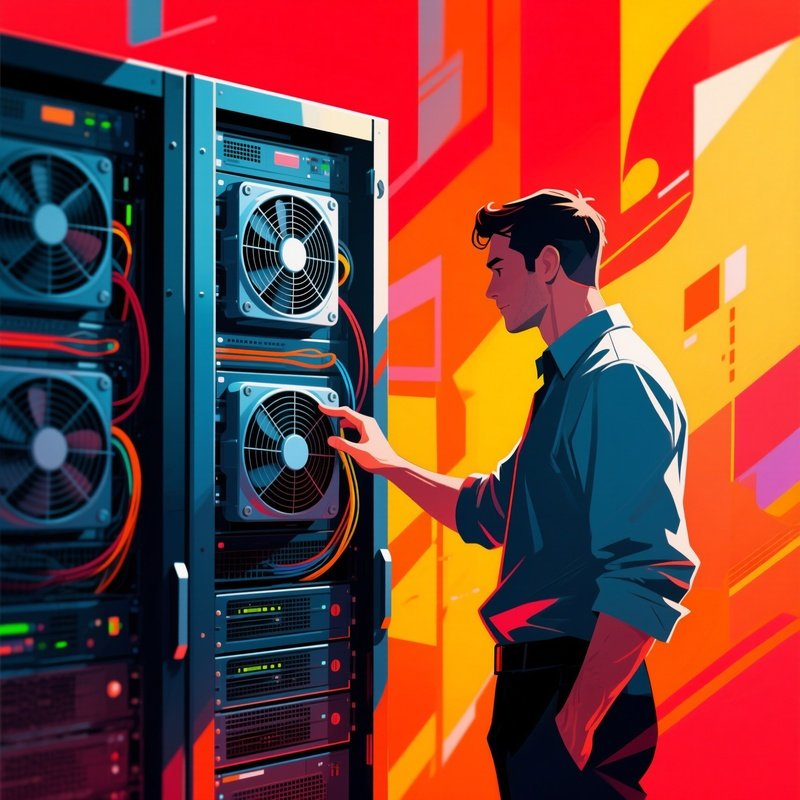 Man Adjusting Cooling Fans In Server Unit Digital Art
