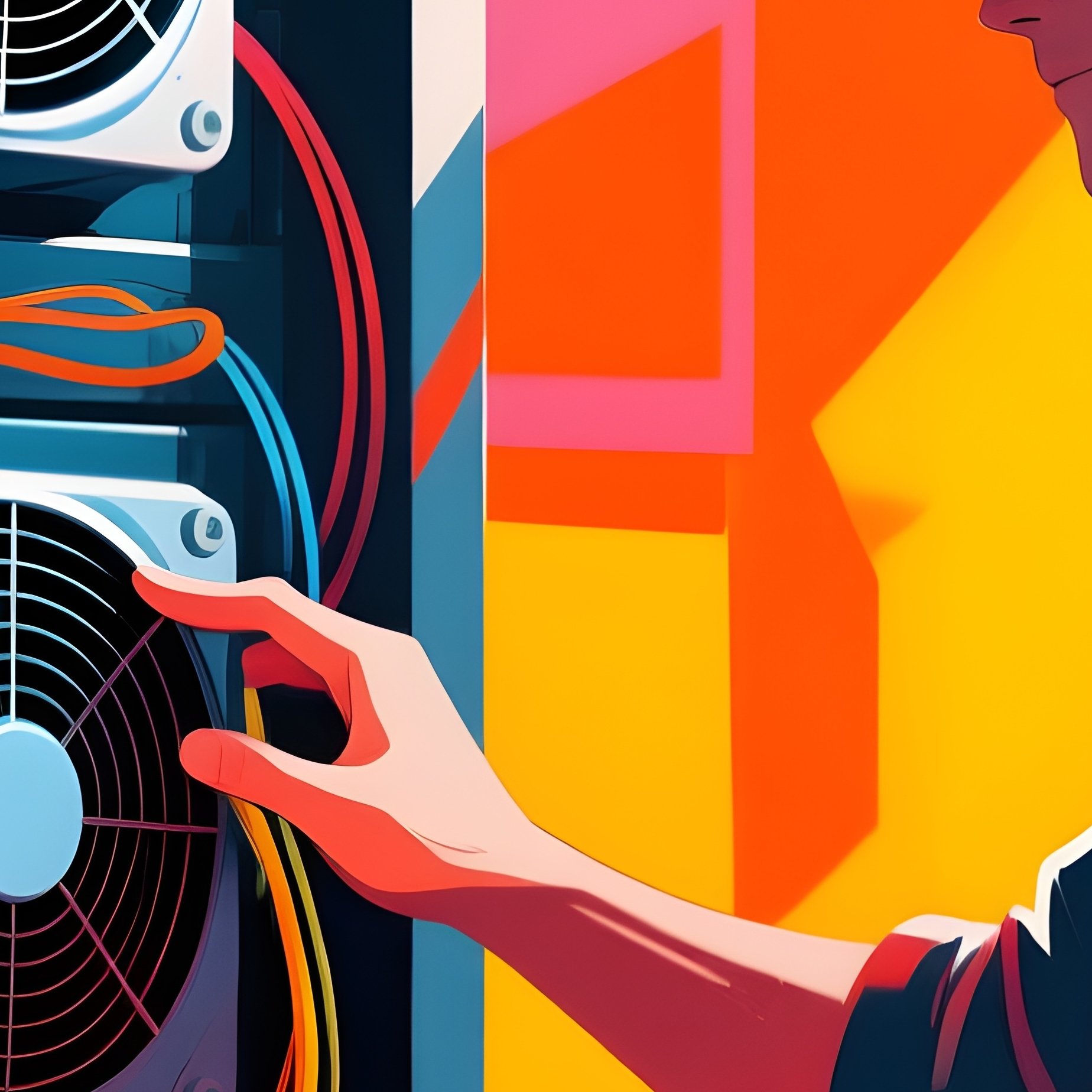 Man Adjusting Cooling Fans In Server Unit Digital Art - Full Resolution Quality Preview